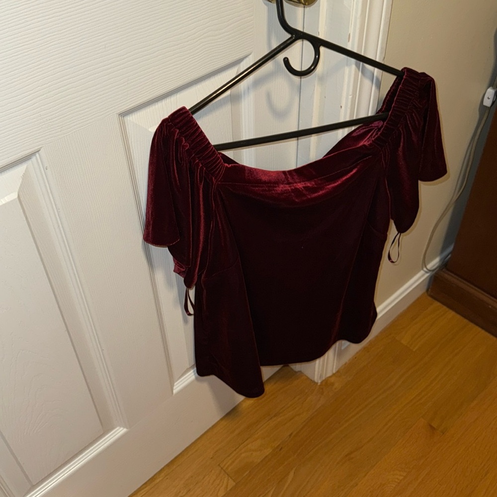White House black market  Red velvet off the shoulder top